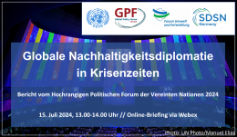 Coverbild zur Onlineveranstaltung mit Logos und Titel: Globale Nachhaltigkeitsdiplomatie in Krisenzeiten